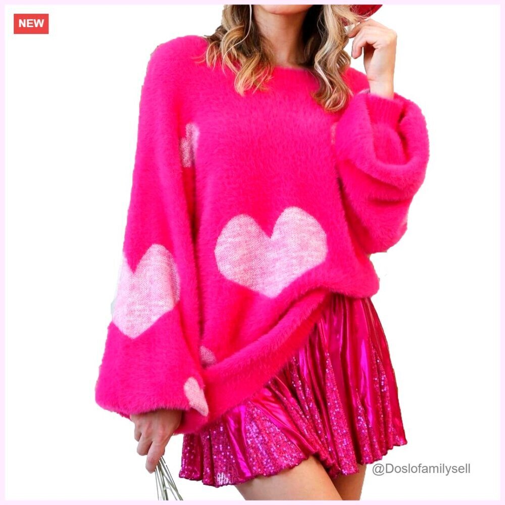 Long Sleeve Loose Fit Sweater Crewneck Y2K Heart Fuzzy Cropped Pullover Knitwear